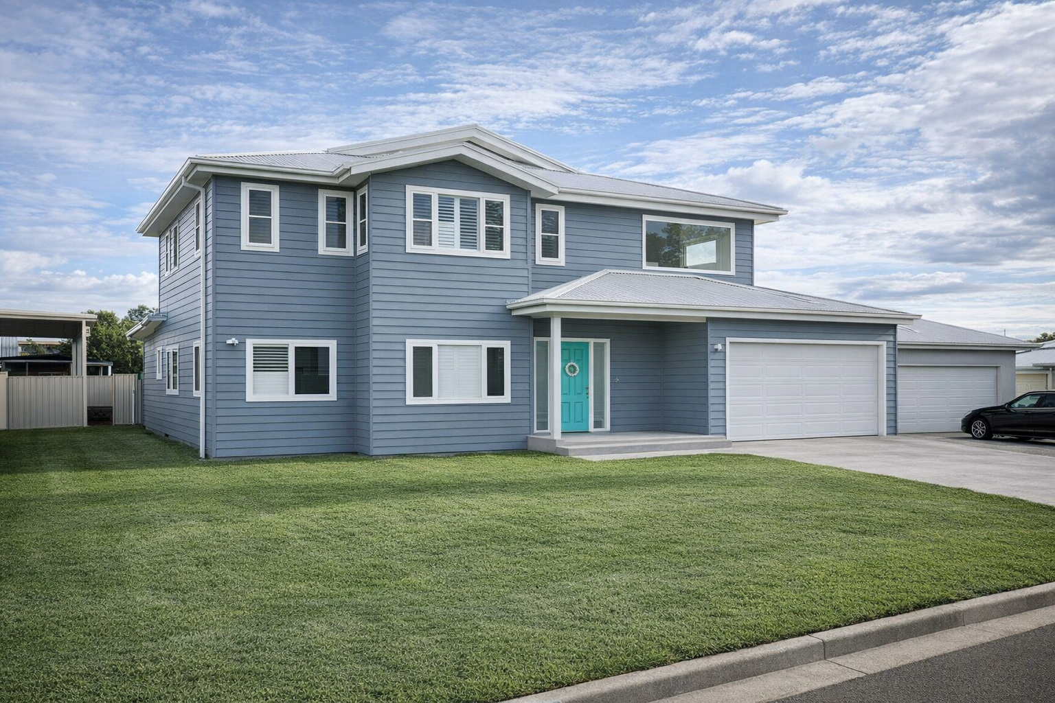 Blue Grey House Single Story Two Car Garage